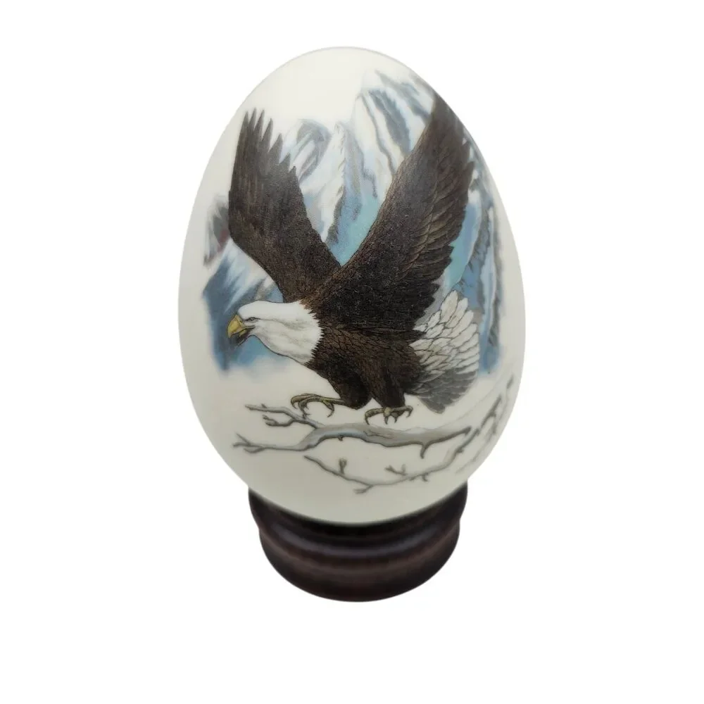 Eggzakly Collectors Egg Porcelain with Wood Stand Handmade Bald Eagle Soaring